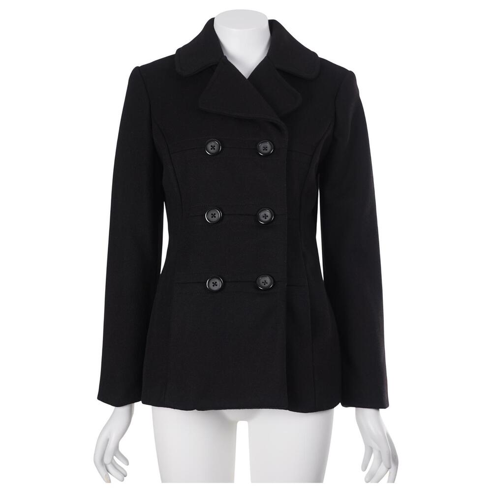 GAP Peacoat Women XS Black Wool Double Breasted Lined Pockets Classic Casual